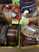 Four boxes to include silver plated wares, wash bowl, mantel clock etc.