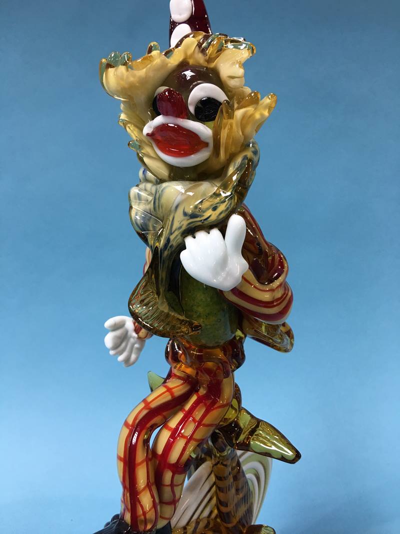 A large Murano glass figure of a clown riding a penny farthing style bike, in multi colours, 48cm - Image 3 of 3