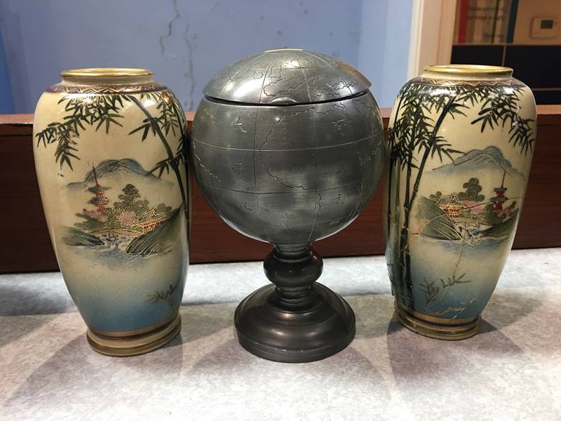 Pair satsuma vases and a tea caddy