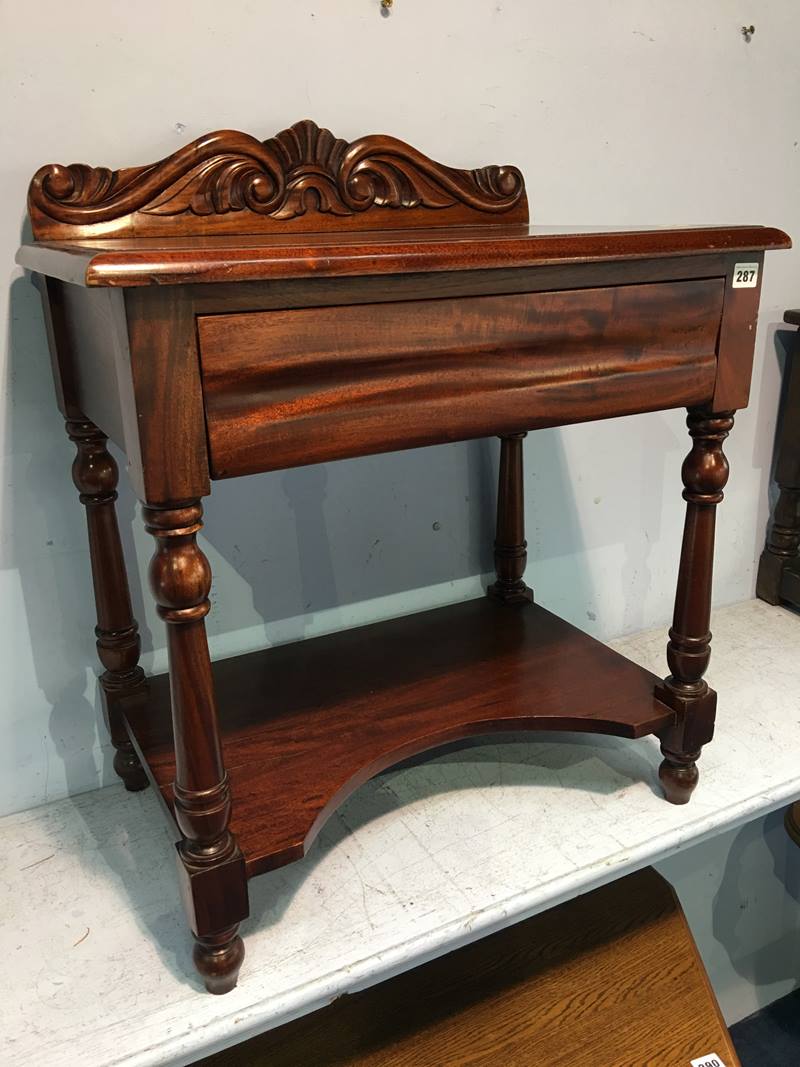 Reproduction mahogany side table with single drawer