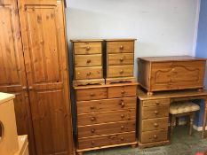 Pine wardrobe, chest of drawers, bedside drawers, blanket box, dressing table etc.