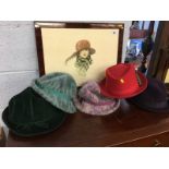 Selection of hats and a print