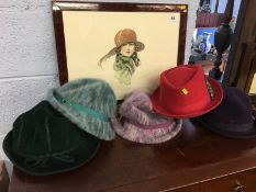 Selection of hats and a print