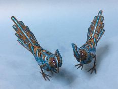 A pair of Oriental pheasants, 925 sterling silver and blue cloisonné enamel, each marked 'Silver