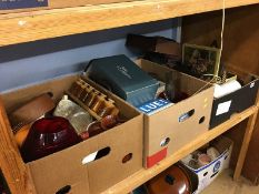 Shelf of assorted including a drawing set, cutlery tray etc.