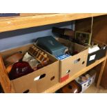 Shelf of assorted including a drawing set, cutlery tray etc.