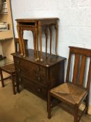 Oak chest of drawers, pair of oak chairs and a nest of tables
