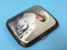 A Continental '935' standard enamelled cigarette case, decorated with a portrait of a lady in