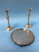Pair of silver candlesticks, together with a plated tray