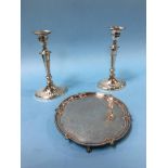 Pair of silver candlesticks, together with a plated tray
