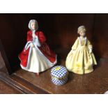 Two Royal Doulton figures and an enamel pot