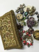 Embroidered purse and assorted costume jewellery