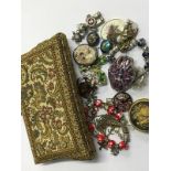 Embroidered purse and assorted costume jewellery