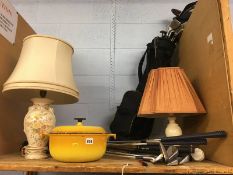 Table lamp, golf clubs etc.