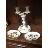 Pair of Herend pin trays and a candelabra