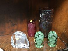 Two glass dumps, Mdina vase etc.