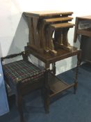 Piano stool, oak occasional table and a nest of tables