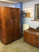 Two walnut wardrobes and a dressing chest
