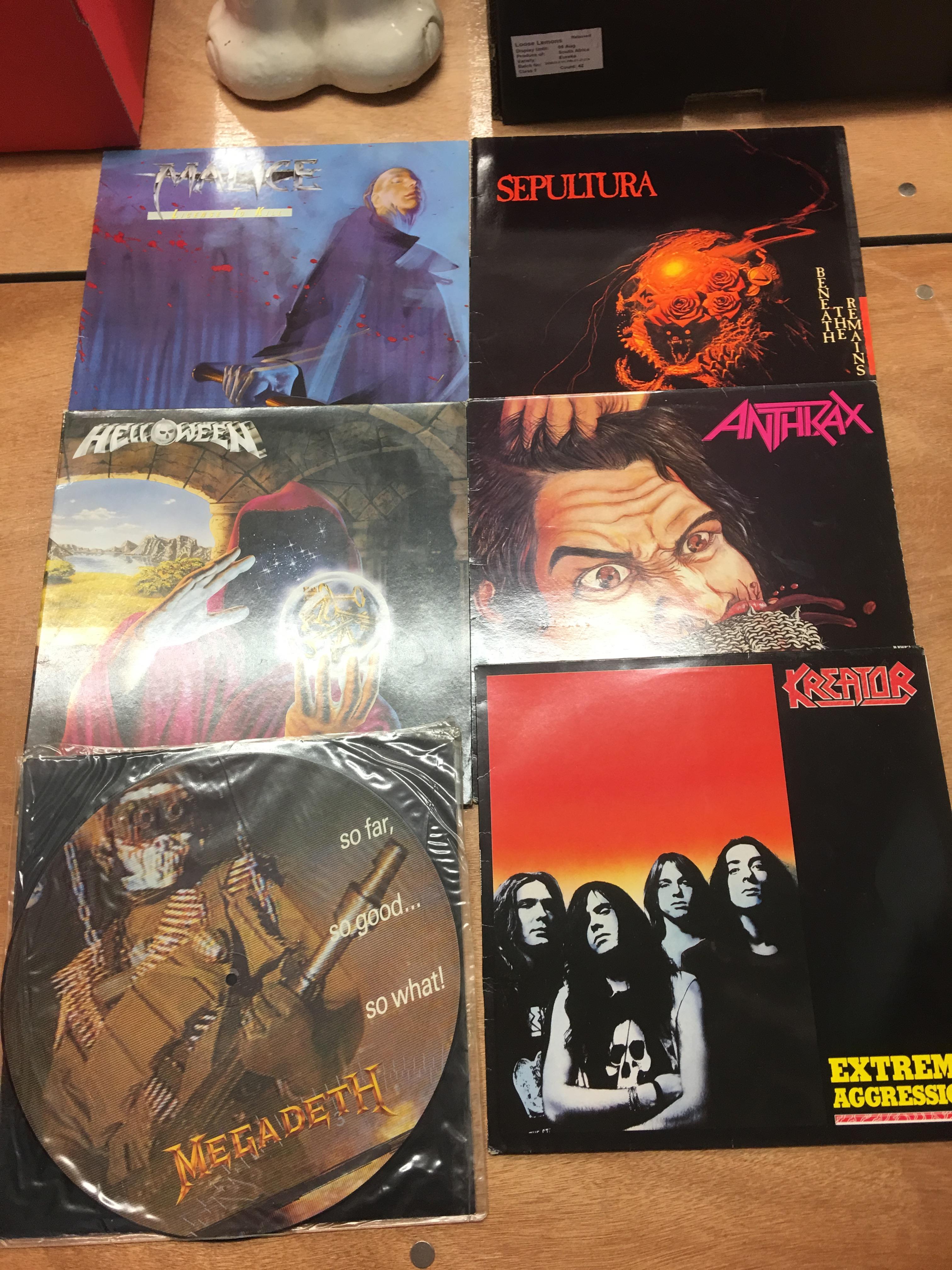 A box of heavy metal vinyl records, including a signed 'Steve Vai' album - Image 9 of 12