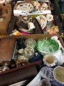 Three boxes of miscellaneous, including mantle clock and glass ware