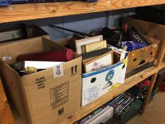 Three boxes of miscellaneous, board games, prints and Aboriginal boomerang