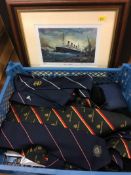 A selection of club ties, aeronautical and maritime theme, with a print of RMS Titanic