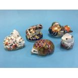 Five Royal Crown Doulton paperweights, including 'Orchard Hedgehog', 'Poppy Mouse', 'Frog', '