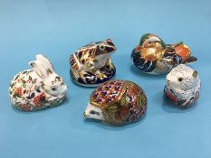 Five Royal Crown Doulton paperweights, including 'Orchard Hedgehog', 'Poppy Mouse', 'Frog', '