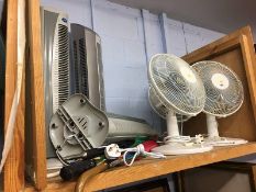 Three desk fans, three standing tower fans and selection of brollies