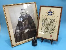 A portrait photograph of T.V. Oldfield, Mayor of Hartlepool, together with a commemorative mallet