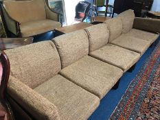 A teak framed three section settee, 310cm length (approx.)