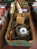 Two boxes of miscellaneous, model of cannon, jelly moulds, branded beer glasses etc.