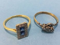 Two rings, stamped '18ct Plat', 5.3g Diamond and sapphire coloured ring, mount worn and bet/