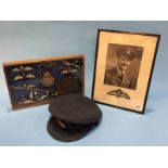 Collection of RAF cap and shoulder badges, a cap, a death plaque to Frederick Byrne etc.