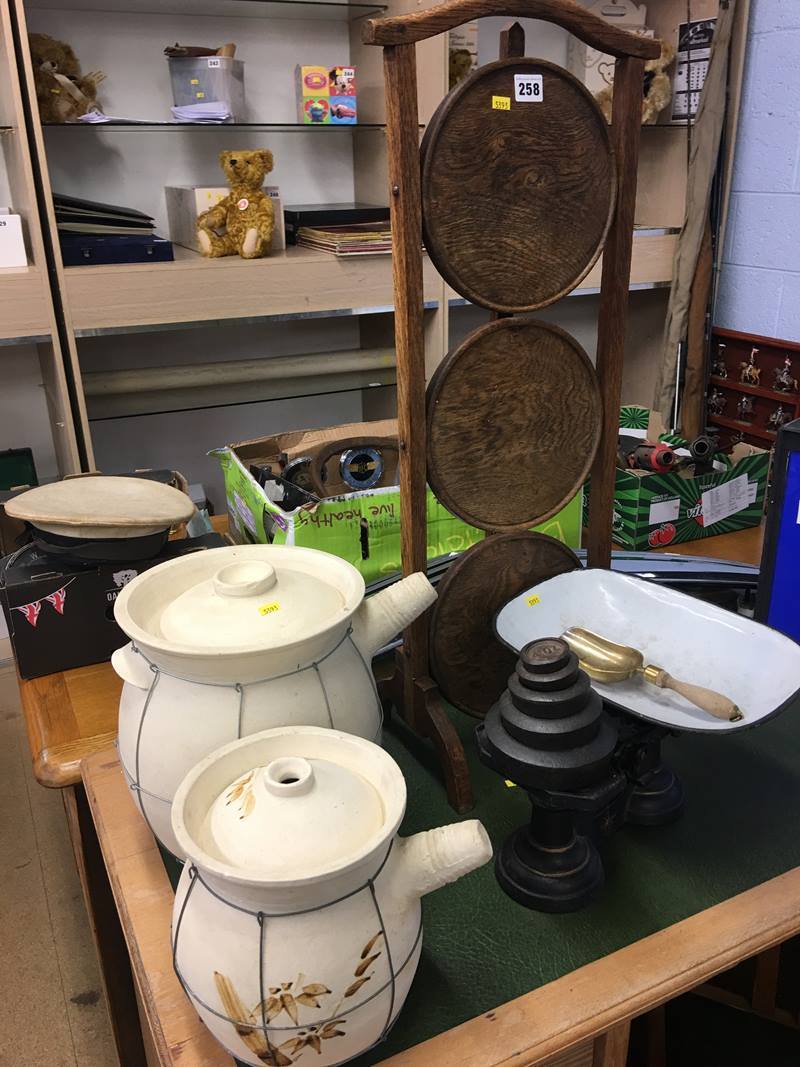 Pair of scales, cake stand etc.