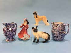 Ringtons Chintz jugs, Royal Doulton figures, Beswick, Siamese cat and an Afghan hound