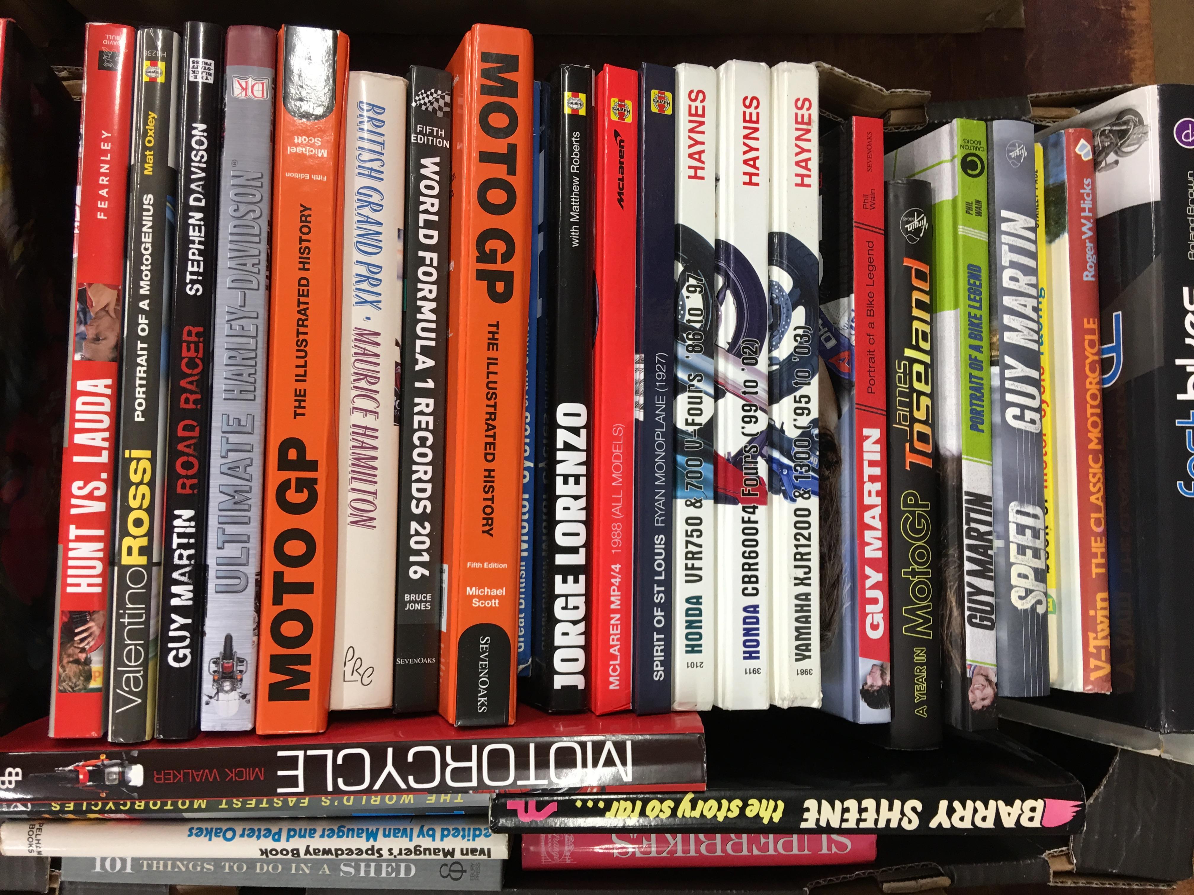 Two boxes of books; cars, Moto GP and automotive topics