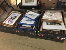 Three boxes of framed prints