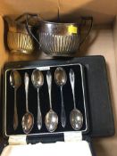 Set of six silver spoons, a silver cream jug and sugar bowl etc.