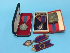 Two enamelled Odd Fellows medals, a Faithful Service medal and another medal