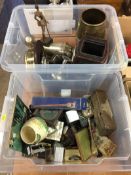 Two boxes of miscellaneous, including a barometer and Don Quixote figure