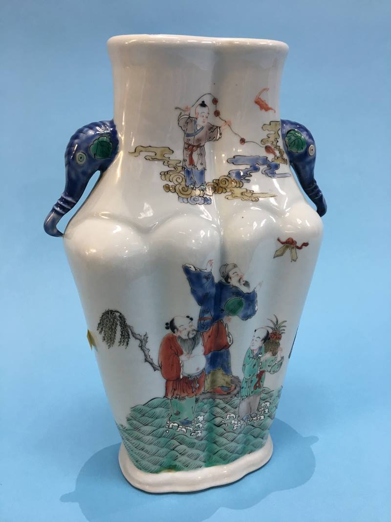 An Oriental vase, decorated with figures and elephant heads, six character mark to base 28cm high No - Image 2 of 4