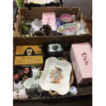 Two boxes of miscellaneous, including Susie Cooper tea set, Maling, Nao figurine