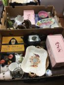 Two boxes of miscellaneous, including Susie Cooper tea set, Maling, Nao figurine