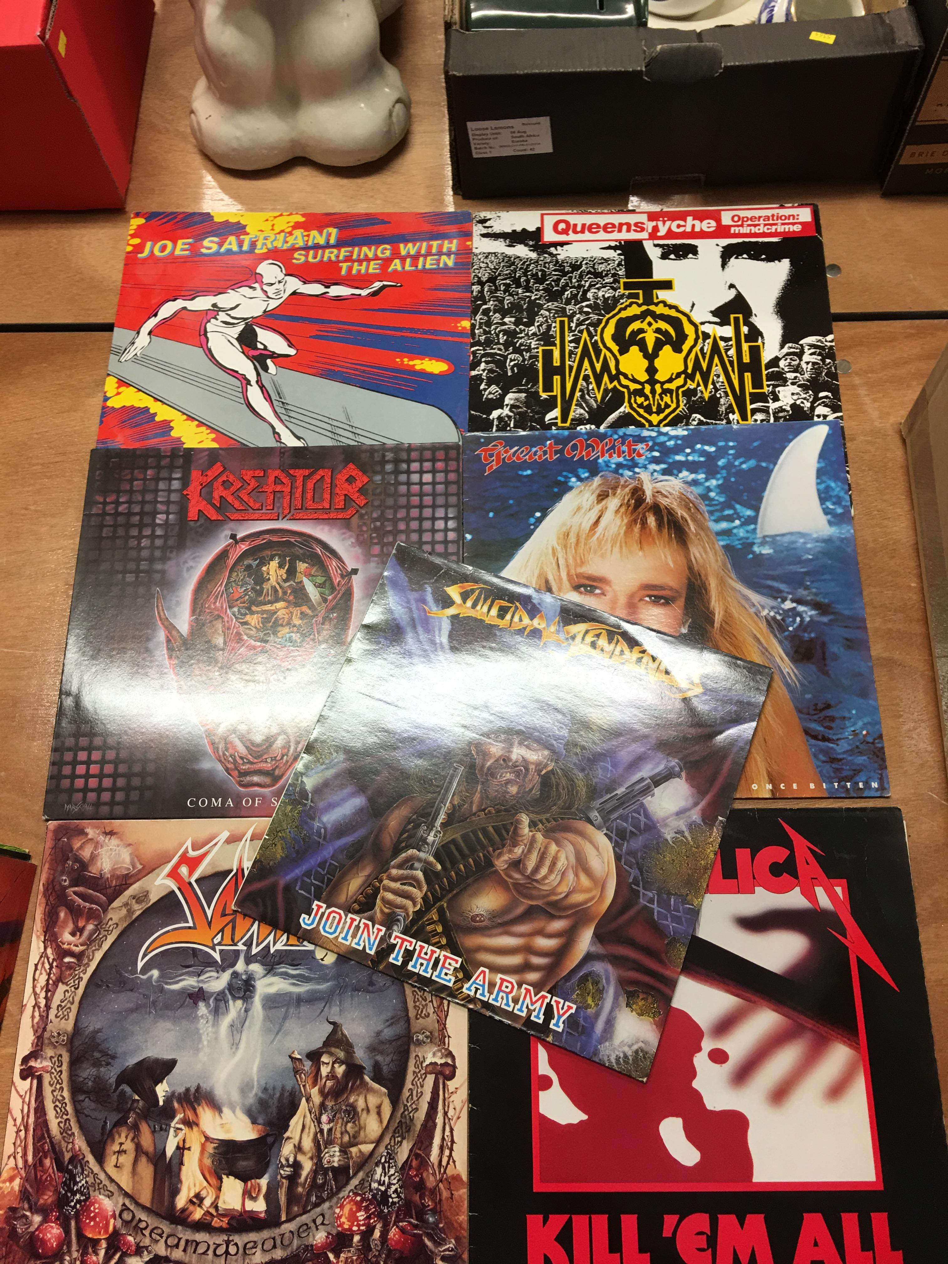 A box of heavy metal vinyl records, including a signed 'Steve Vai' album - Image 12 of 12