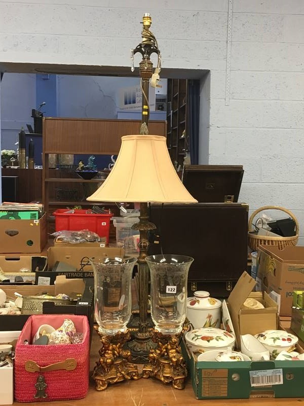Pair hurricane lamps, and two other lamps
