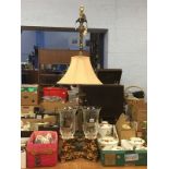 Pair hurricane lamps, and two other lamps