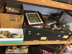 Four boxes, metal wares, books, china etc.