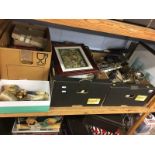 Four boxes, metal wares, books, china etc.