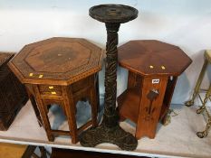 Carved oak pedestal and two octagonal tables